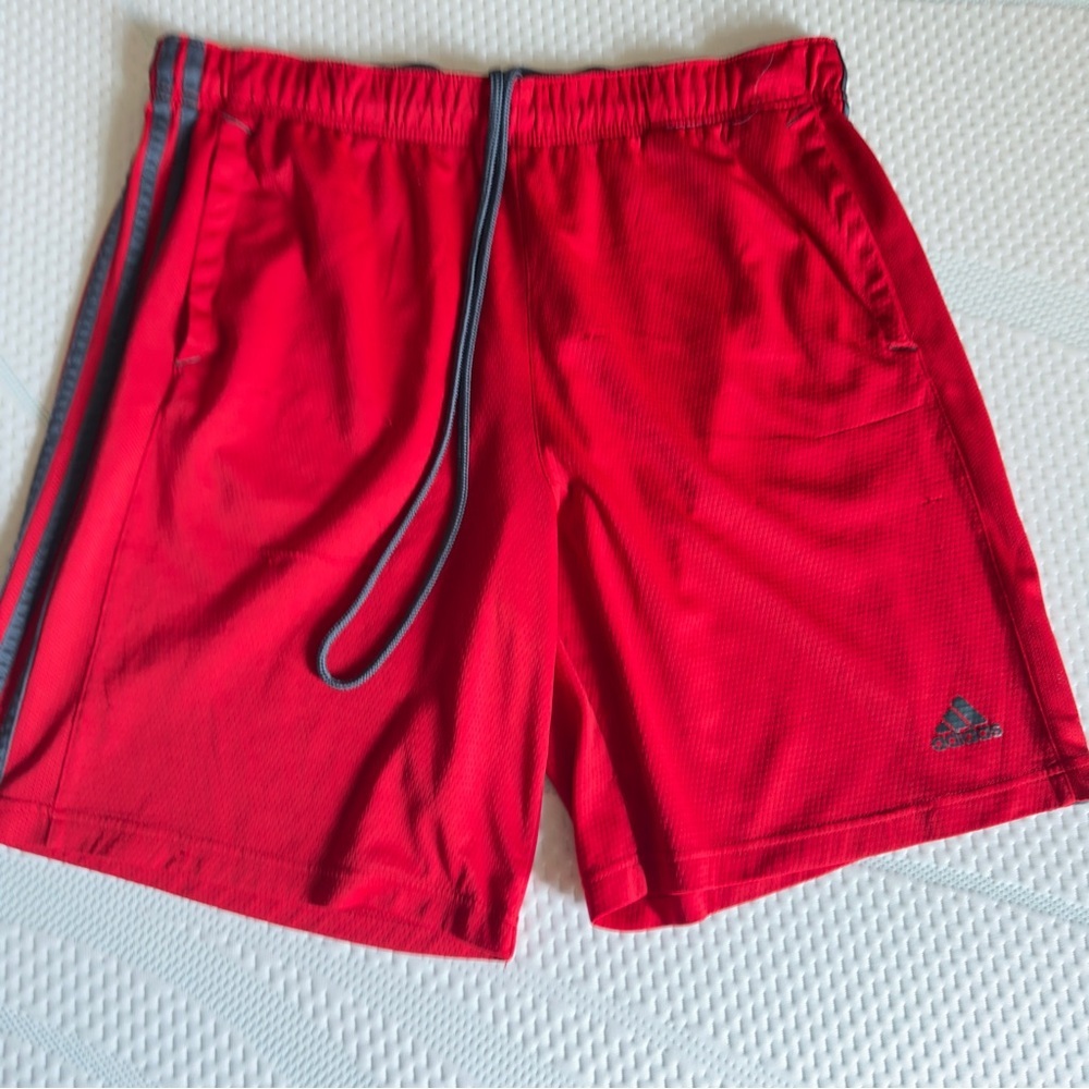 👉, Adidas Men's Red Climalite 3-Stripe Athletic Gym Training Shorts Size Large